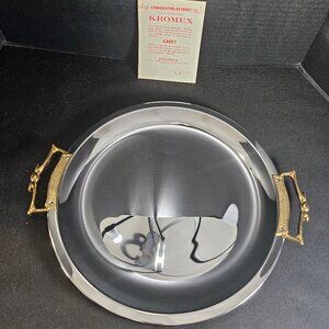 Kromex Mid Century Modern Chrome Serving Tray W Gold Tone Handles New Old Stock